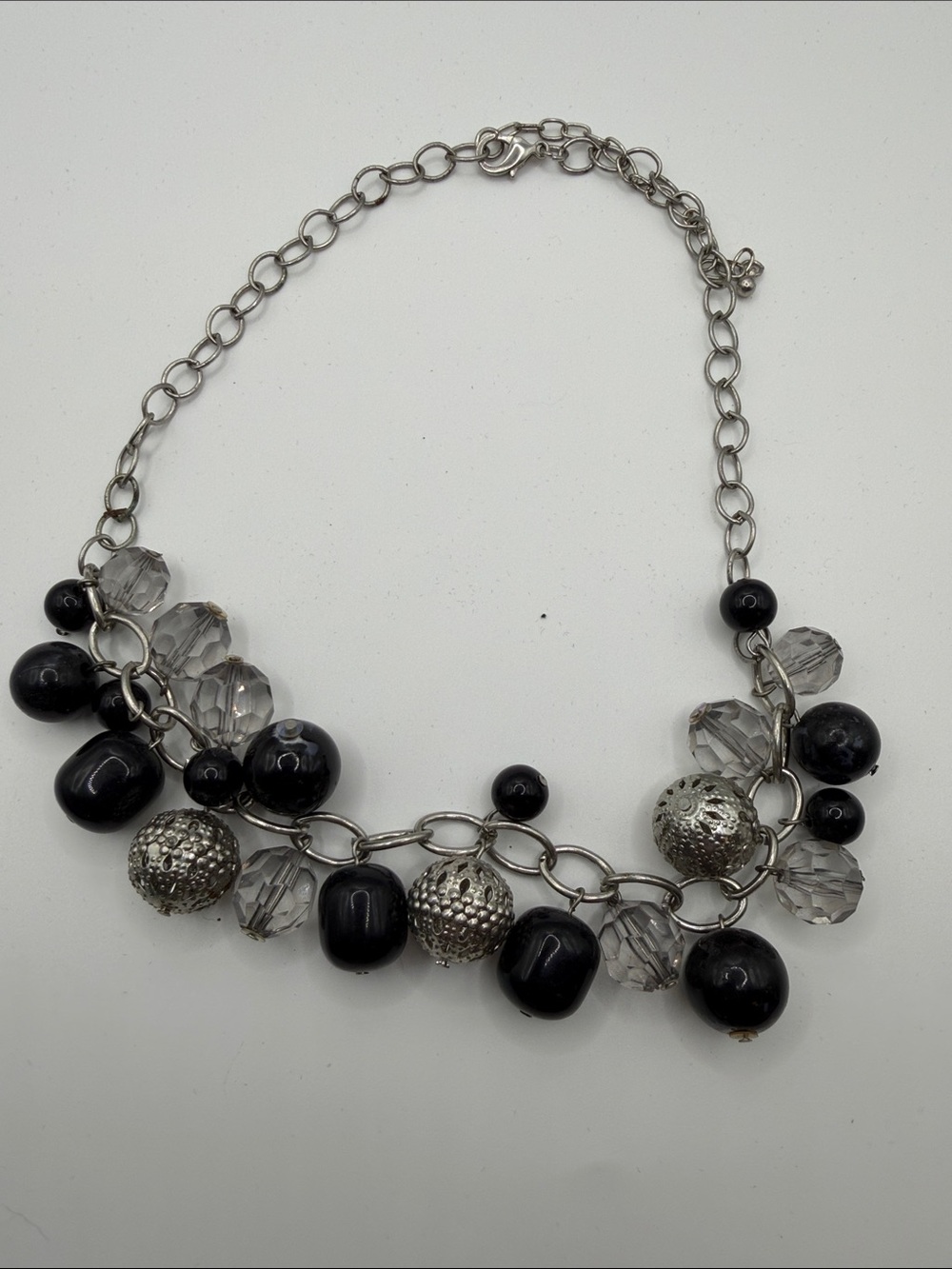 Silver Chain Necklace with Black and Clear Beads